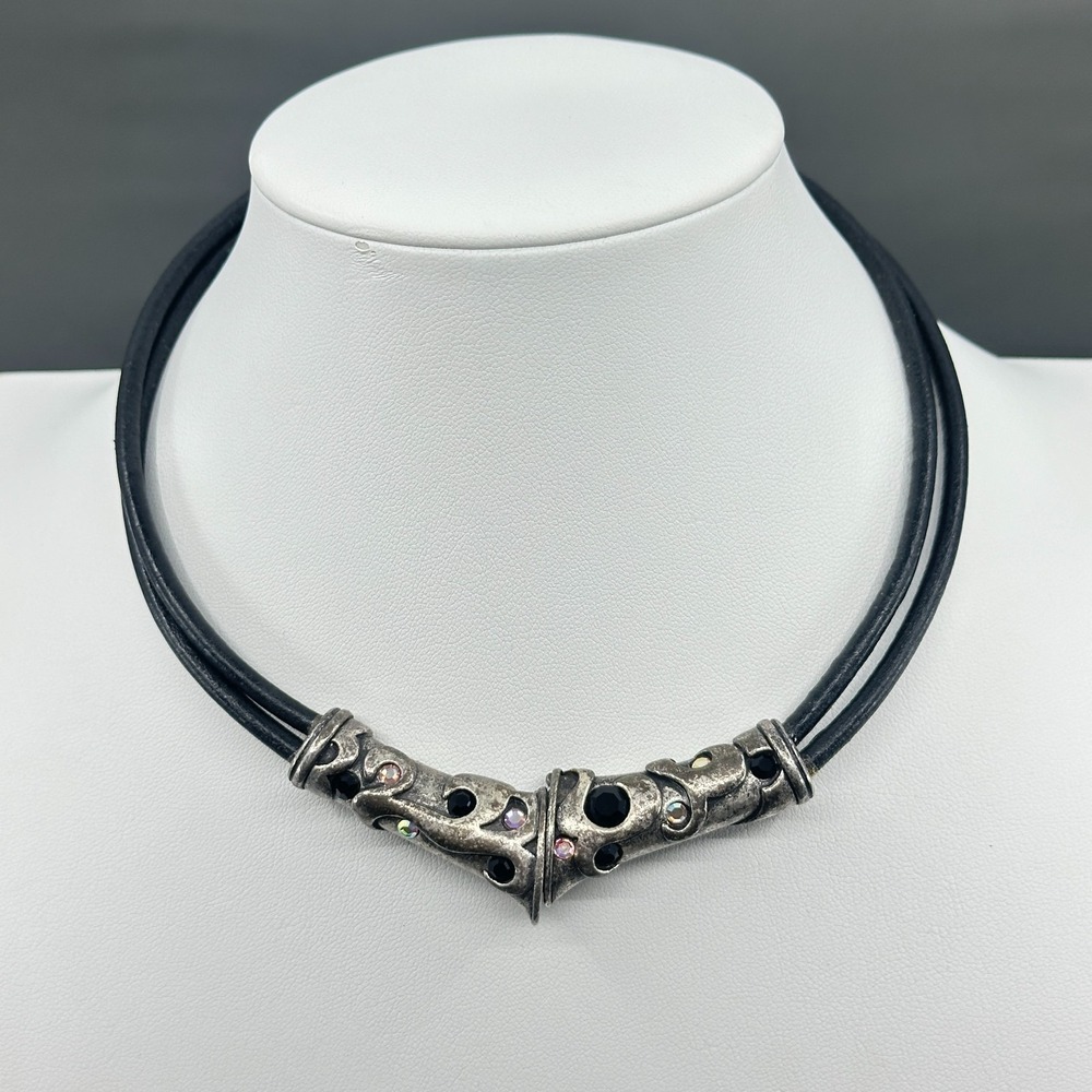 Black Cord Silver Tone Rhinestone Necklace Bold Vintage Gothic Statement Choker